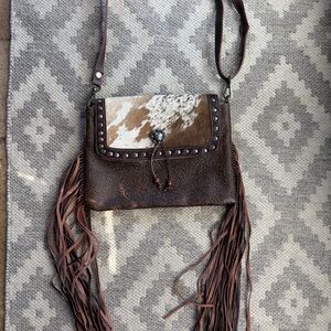 Myra Bag Hair-On Hide Leather Fringe Crossbody Tooled Western Cowhide Purse Boho